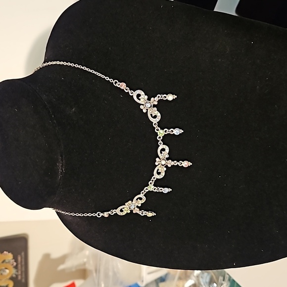 YCLM Pastel Rhinestones on Filagree Silvertone 15" Long w/ 4" Extension Necklace - Picture 3 of 8